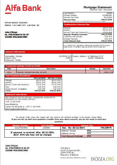 Biélorussie Alfa Bank relevé hypothécaire scr
